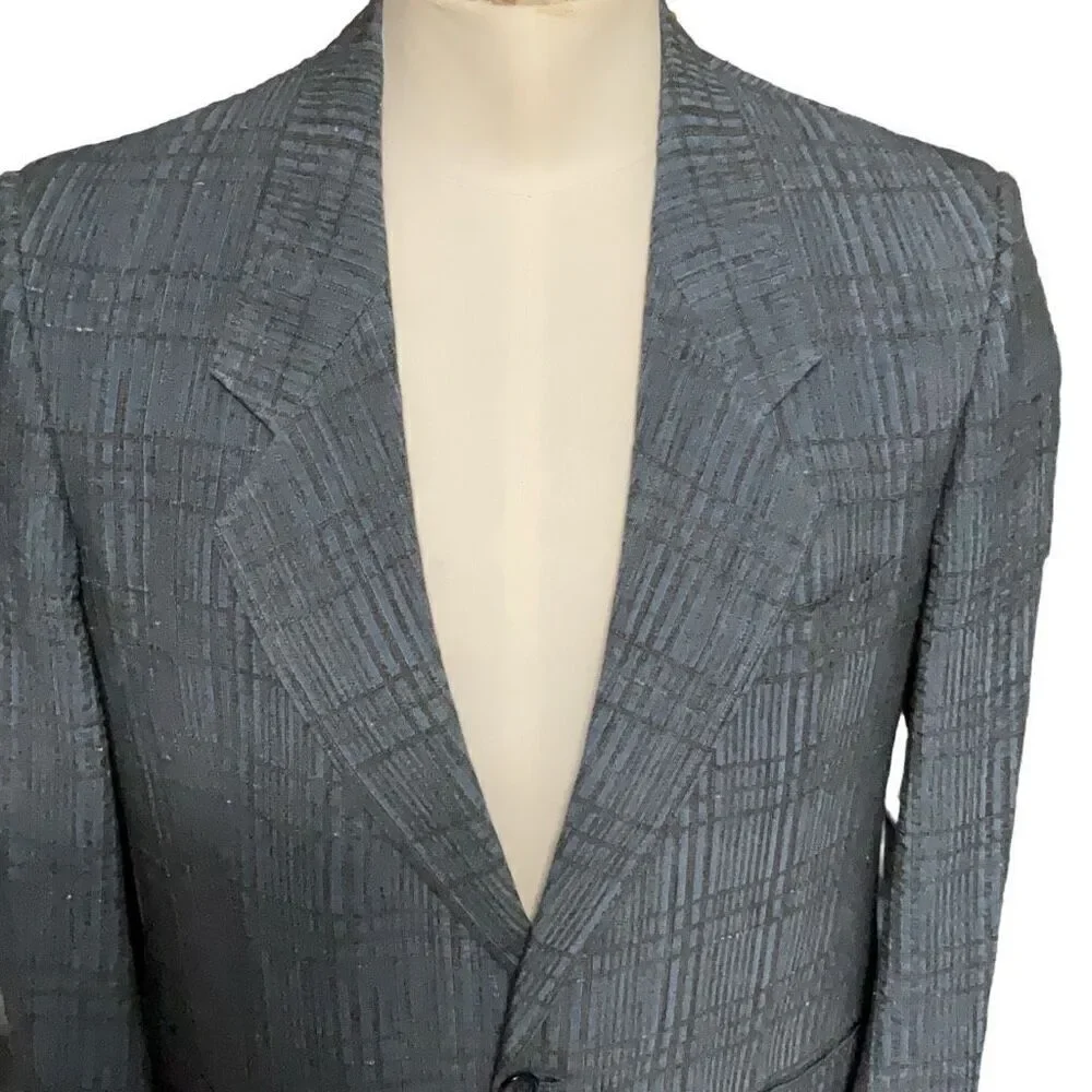 Christian Dior Blue Gray Cotton Rayon VTG 80s Seersucker 2 button Blazer Mens 42